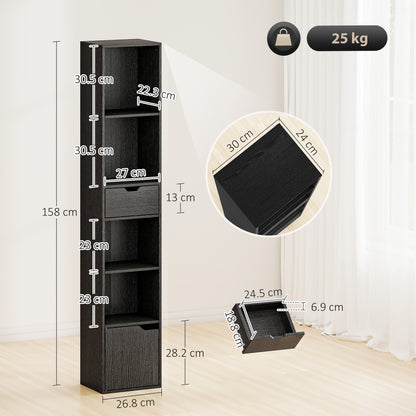 6-Tier Bookcase, Tall Narrow Bookshelf with Drawer and Door - Black