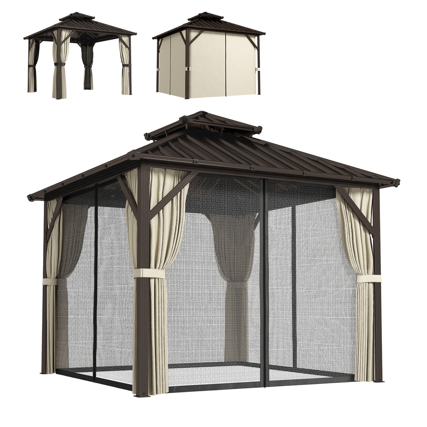 3x3 m Hardtop Gazebo Canopy with UPF50+ Double Galvanised Steel Roof, Aluminium Garden Gazebo Permanent Pavilion, Brown
