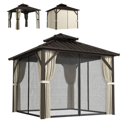 3x3 m Hardtop Gazebo Canopy with UPF50+ Double Galvanised Steel Roof, Aluminium Garden Gazebo Permanent Pavilion, Brown