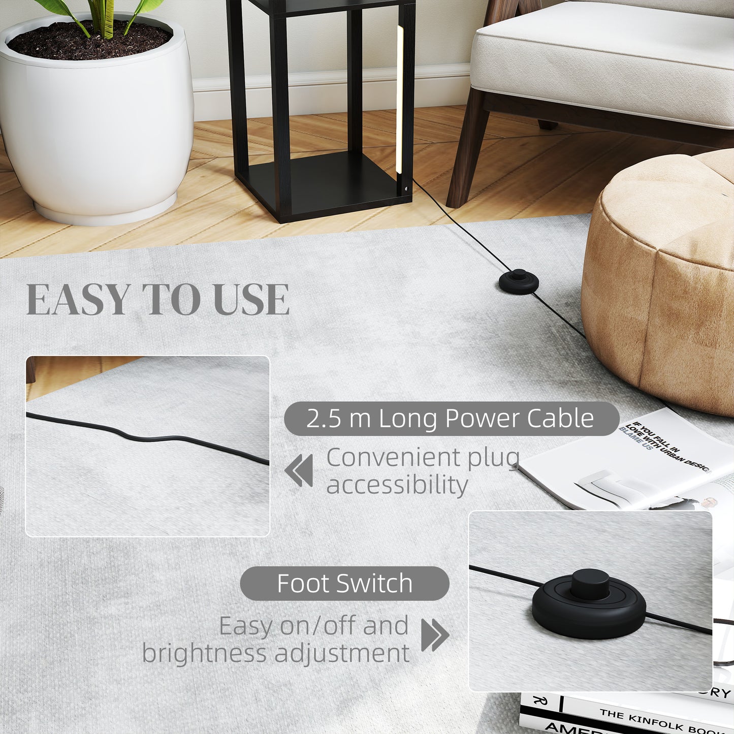 LED Floor Lamp with Shelves, Modern Dimmable Standing Lamp with 3 Brightness Levels and Foot Switch for Living Room, Bedroom