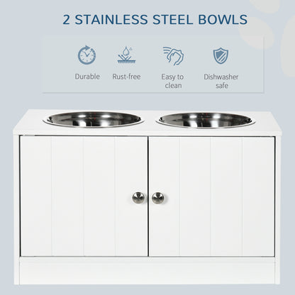 Raised Pet Feeder, with Two Bowls, Storage - White