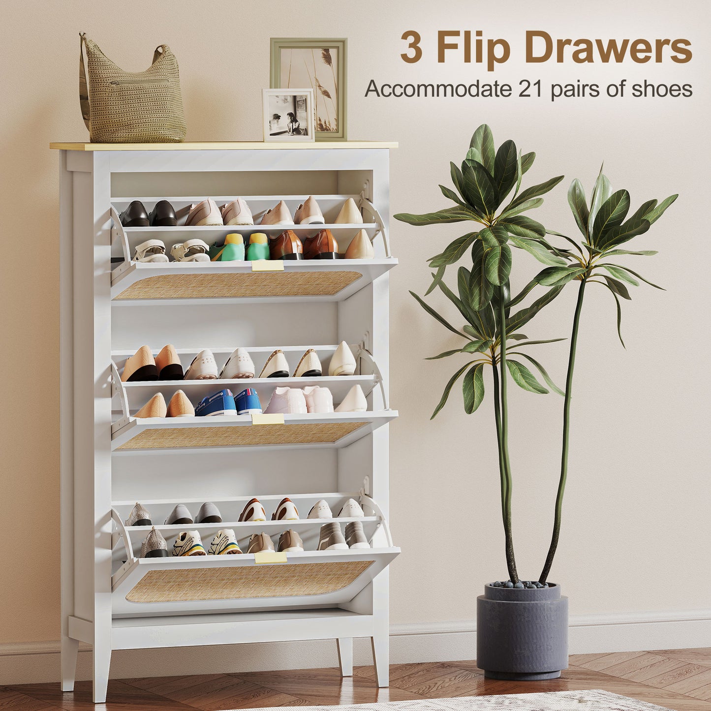 Narrow Shoe Cabinet, Boho Slim Shoe Storage Cabinet with 3 Flip Drawers, Holds 21 Pairs, White