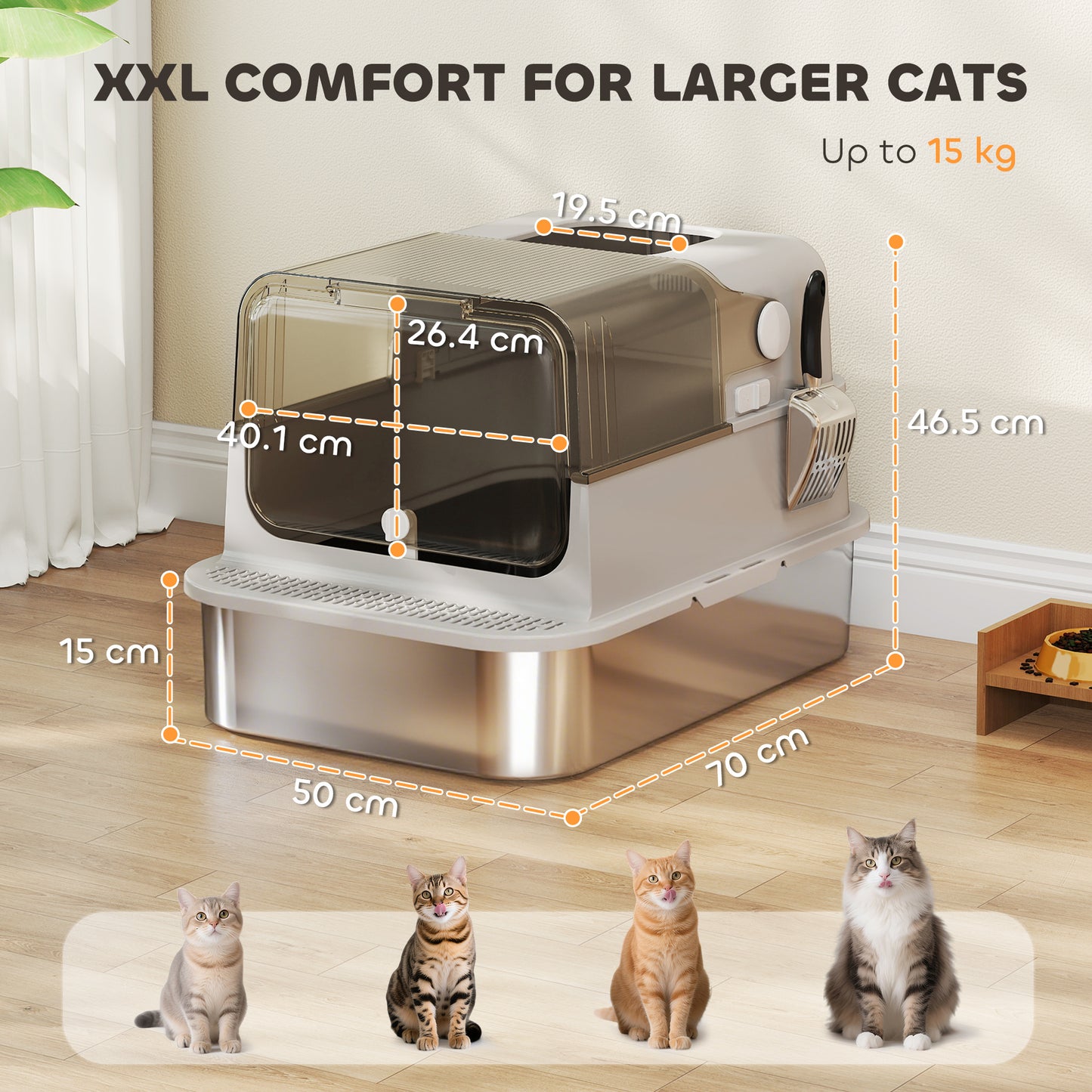 XXL Stainless Steel Cat Litter Tray, Enclosed Cat Litter Box with 90° Flip Cover, Double Doors, Scoop, Easy Clean, Grey