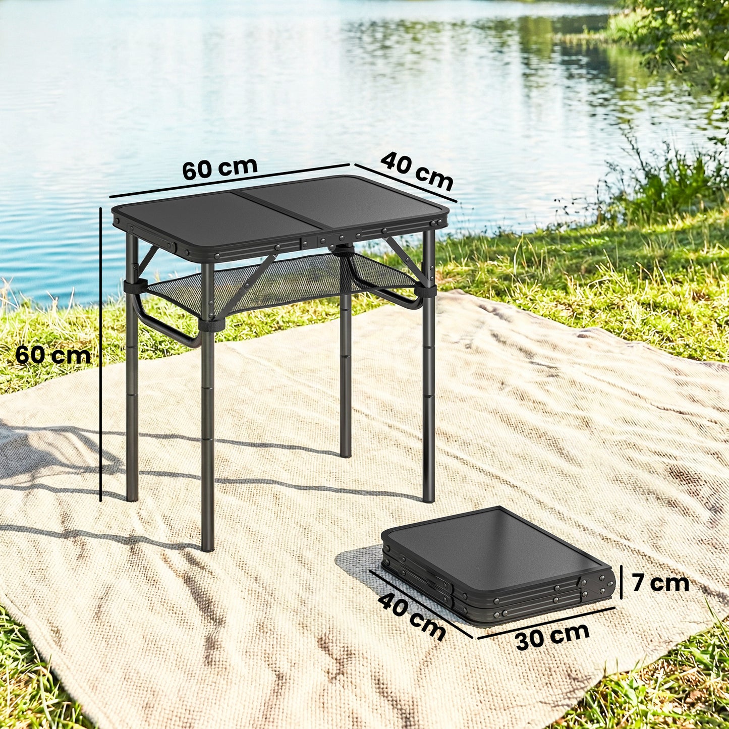 2ft Folding Camping Table, Picnic Table with Mesh Storage Layer, 4 Adjustable Heights and Carrying Handle, Black