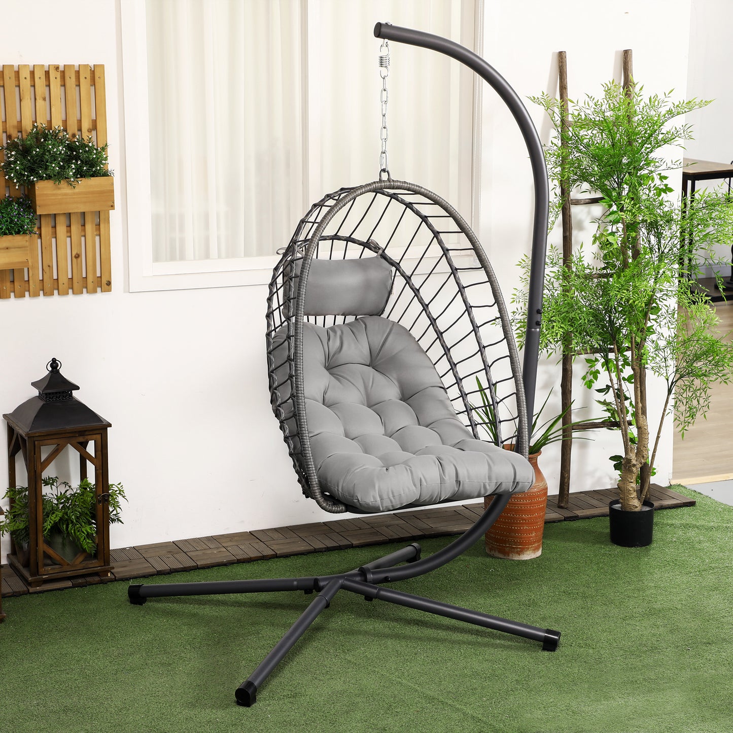 Outdoor PE Rattan Swing Chair with Foldable Basket and Cushion, Garden Patio Hanging Egg Chair with Metal Stand