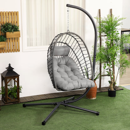 Outdoor PE Rattan Swing Chair with Foldable Basket and Cushion, Garden Patio Hanging Egg Chair with Metal Stand
