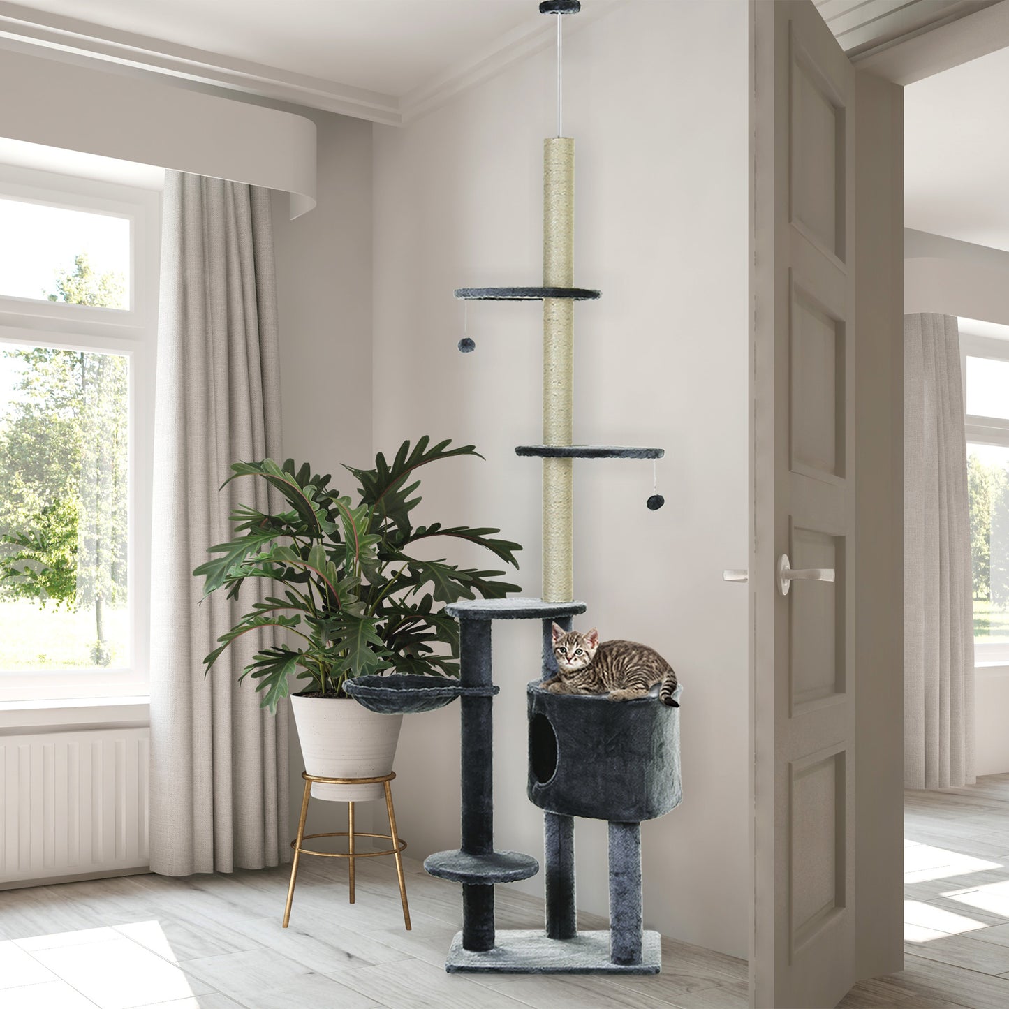 Floor to Ceiling Cat Tree for Indoor Cats Play Tower Climbing Activity Center Scratching Post Platforms Condo Adjustable Heig