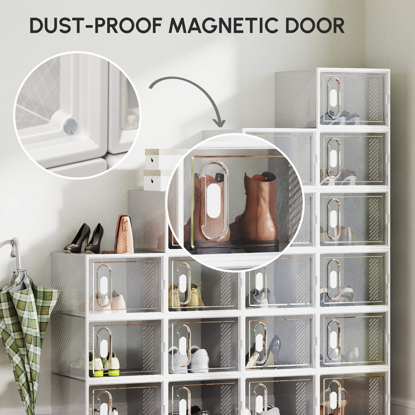 18PCS Clear Shoe Box, Plastic Stackable Shoe Storage Box for UK/EU Size up to 12/46 with Magnetic Door for Women/Men