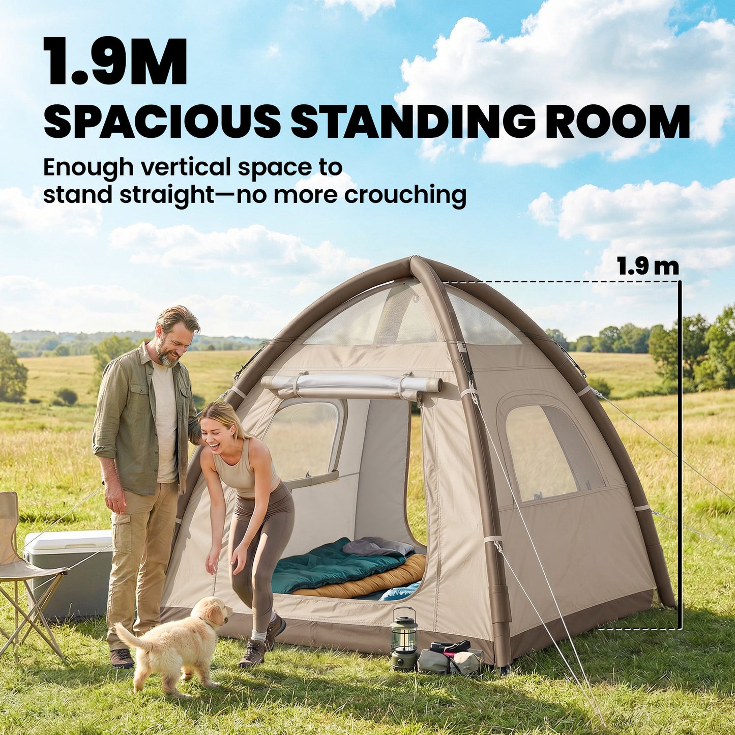 Inflatable Camping Tent with Rainfly, 3 Man Air Tent 3000mm Waterproof Blow Up Tents, Cream