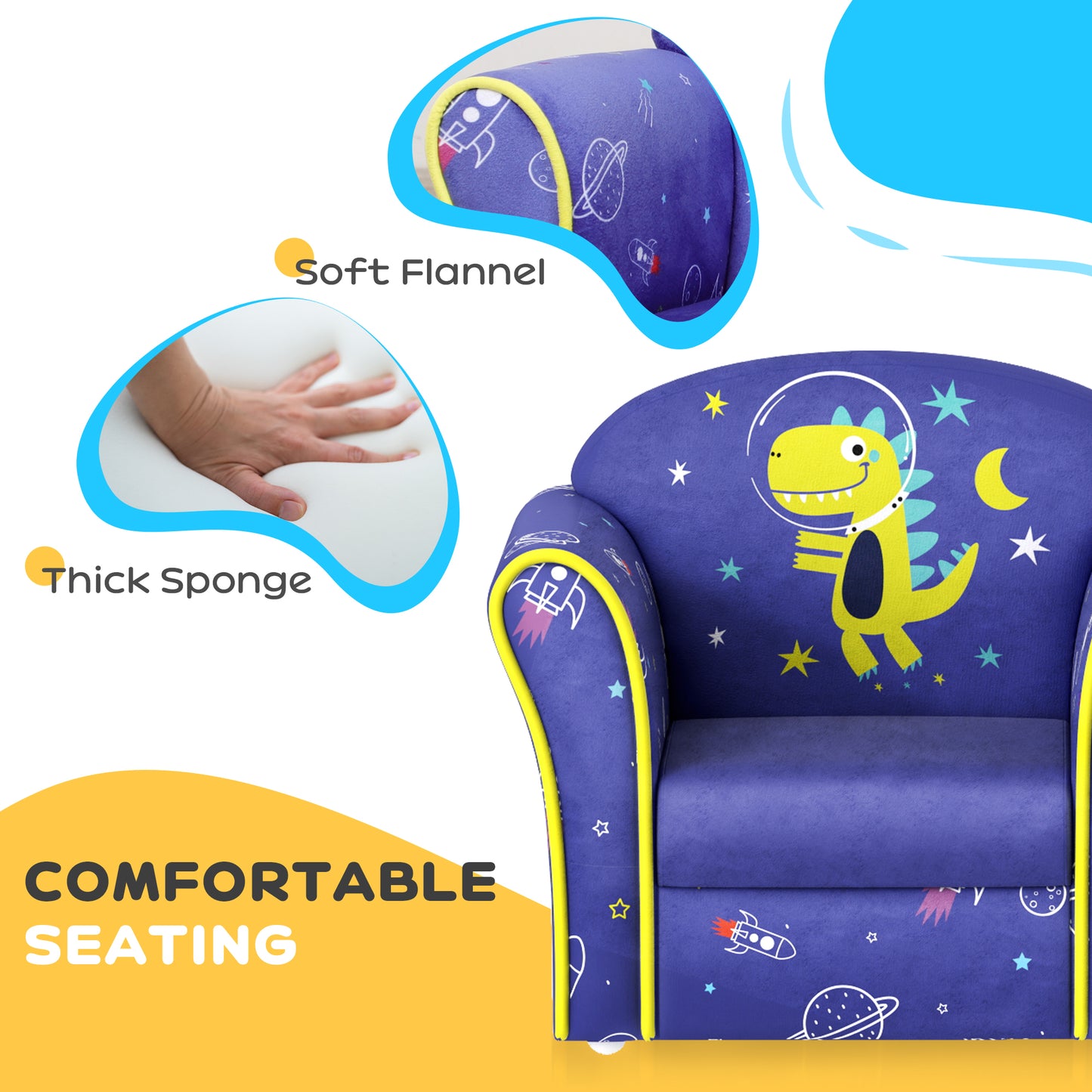 Kids Armchair with Planet Dinosaurs Design, Wooden Frame, for Bedroom, Playroom, Kids Room - Blue