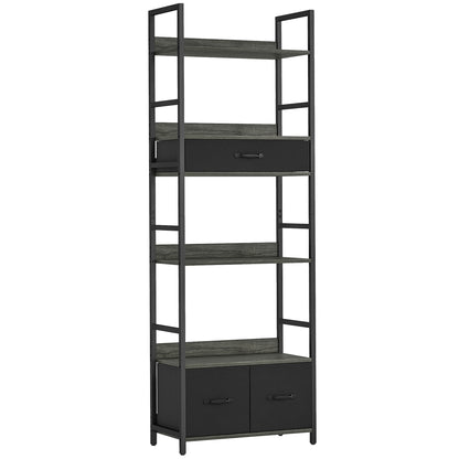Industrial Style Bookcase, with 4 Shelves and 3 Fabric Drawers - Grey/Black