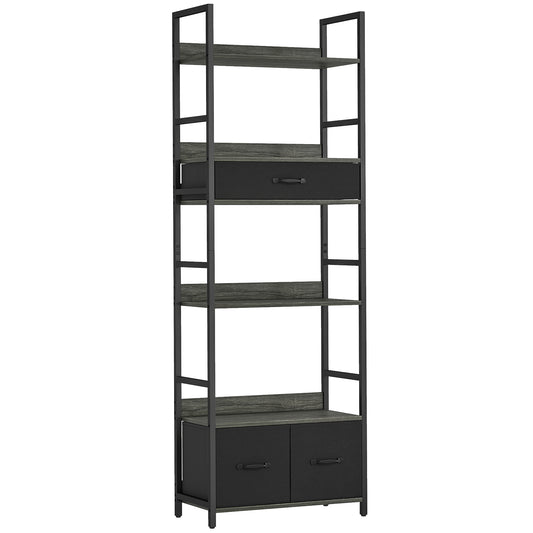 Industrial Style Bookcase, with 4 Shelves and 3 Fabric Drawers - Grey/Black