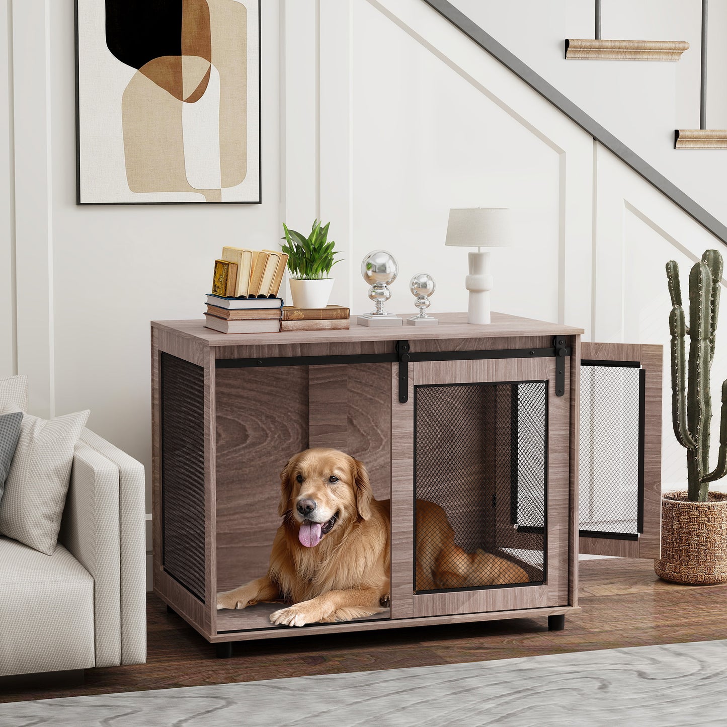 Dog Crate Furniture with Sliding Door for Large Dogs, Walnut Brown