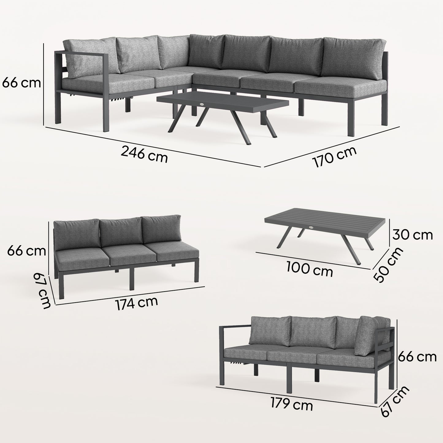 3 Pieces Garden Furniture Set, Aluminium Corner Lounge Set with Adjustable Backrest, Grey