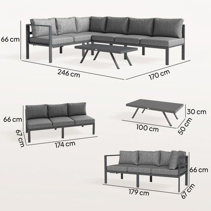 3 Pieces Garden Furniture Set, Aluminium Corner Lounge Set with Adjustable Backrest, Grey