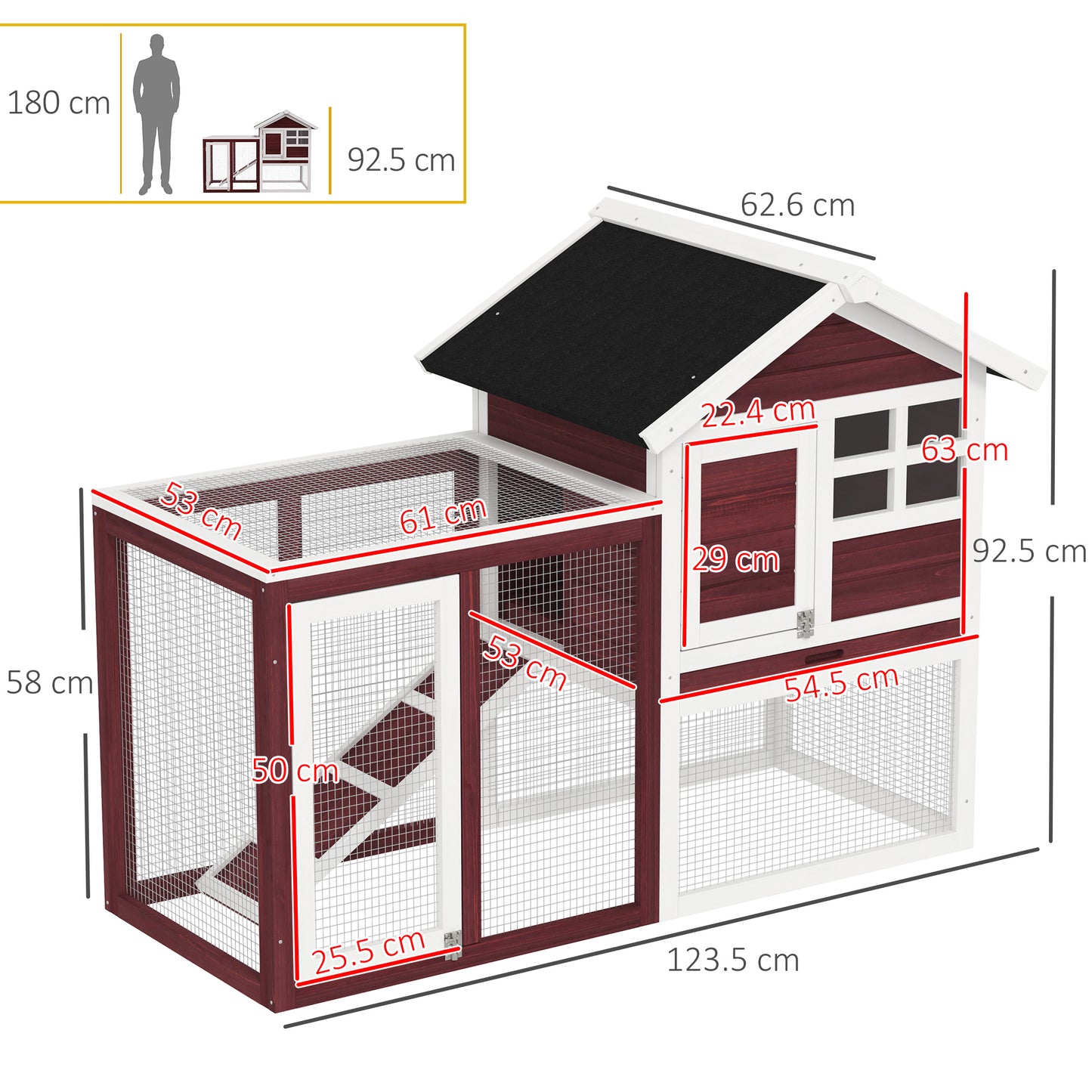 Rabbit Hutch Outdoor Wooden Guinea Pig Hutch Rabbit Run Bunny Cage Small Animal House Pull-Out Tray, Brown, 124 x 63 x 93 cm