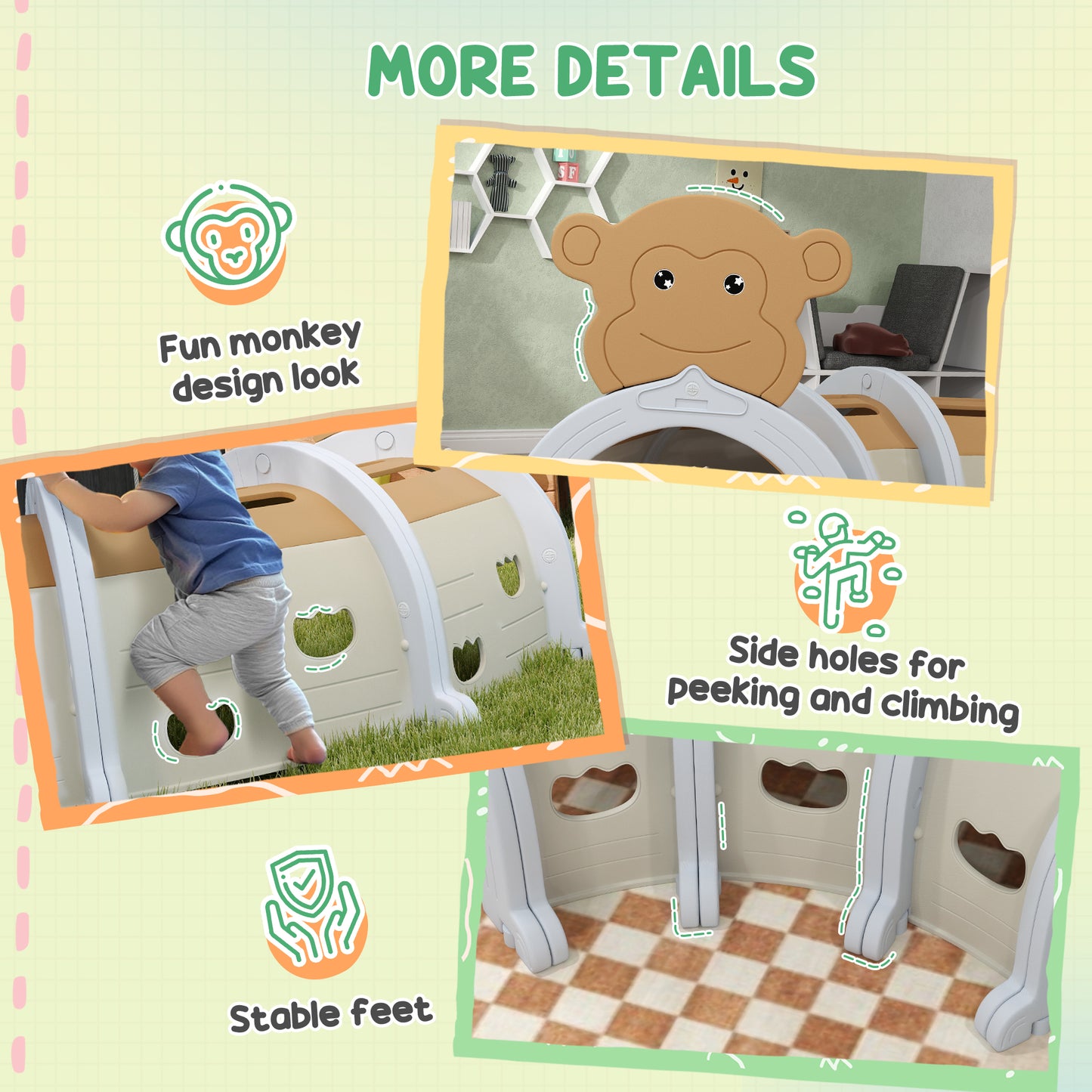 Monkey-Design Kids Play Tunnel for Crawling, Climbing, for ages 3-6 Years, Brown