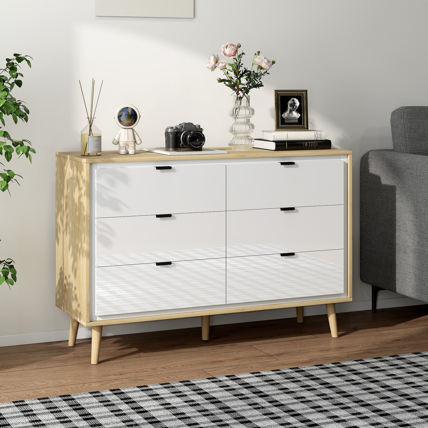 Storage Cabinet, Chest of Drawers with 6 Drawers and 5 Legs for Bedroom, High Gloss White