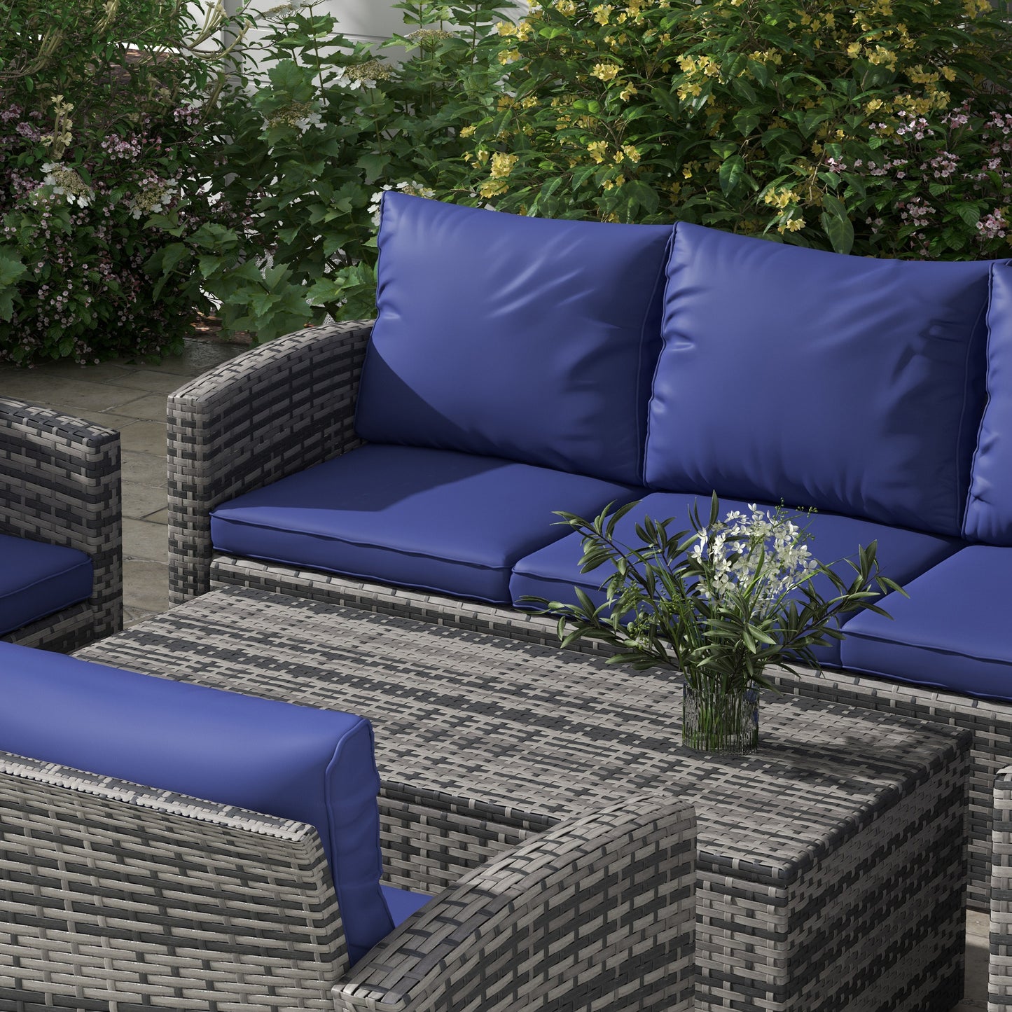 6 Pieces Rattan Garden Furniture Set, 7 Seater Wicker Outdoor Furniture Set with Storage Tea Table & Side Table