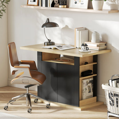 Kitchen Island with Spice Rack, Kitchen Storage with Large Tabletop for 4 People, Adjustable Shelves Black & Natural