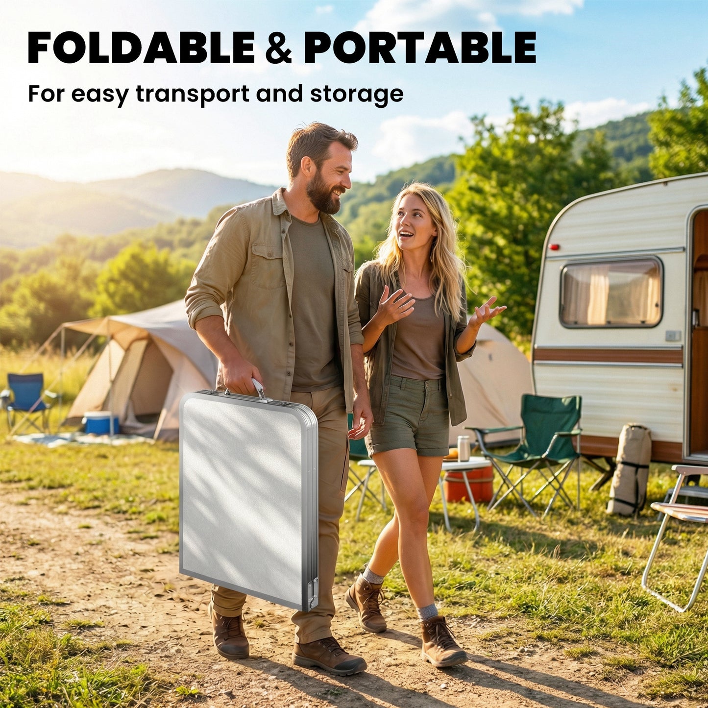 4ft Folding Camping Cupboard Kitchen, Height Adjustable Aluminium Camping Table with Storage