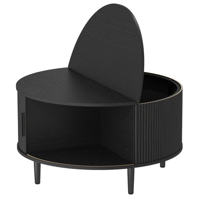 Coffee Table with Lift Top and Hidden Storage, Round Centre Table with Fluted Sliding Door, 80 cm, Black Wood Effect