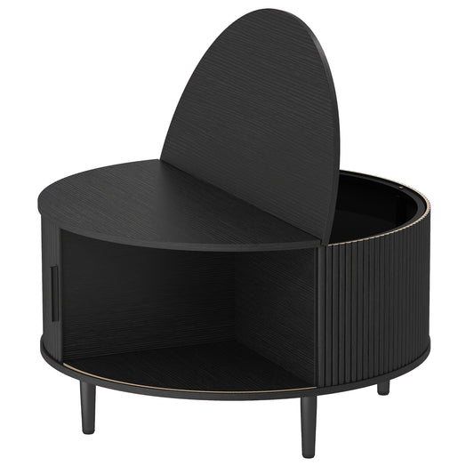 Coffee Table with Lift Top and Hidden Storage, Round Centre Table with Fluted Sliding Door, 80 cm, Black Wood Effect