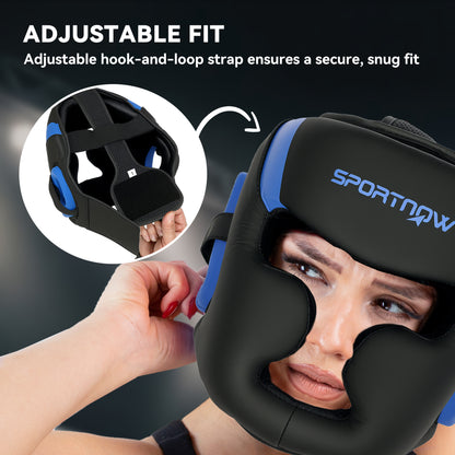 Boxing Headguard w/ Adjustable Strap for Sparring, Kickboxing, MMA, Blue/Black