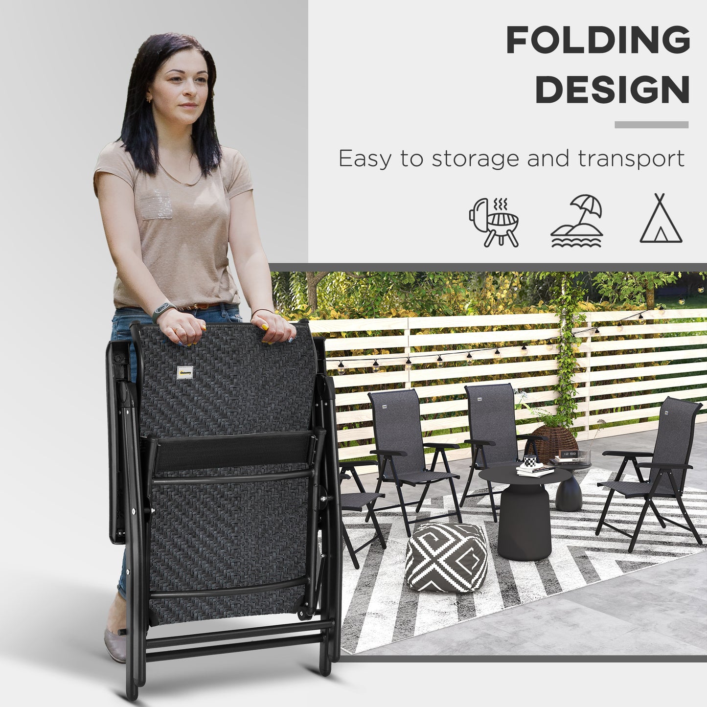 Set of Four Folding Garden Chairs, with Seven-Position Adjustable Backs, Grey