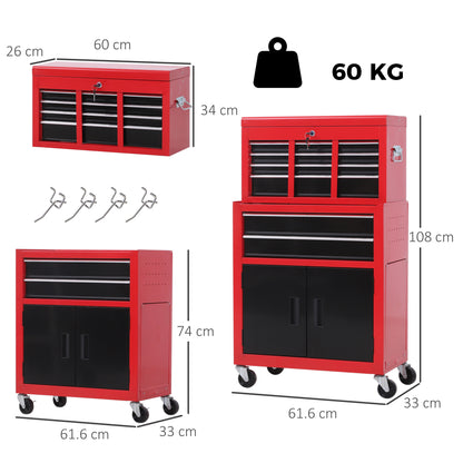 Tool Chest, Metal Tool Cabinet on Wheels with 6 Drawers, Pegboard, Top Chest and Roller Cabinet Combo, 61.6 x 33 x 108cm