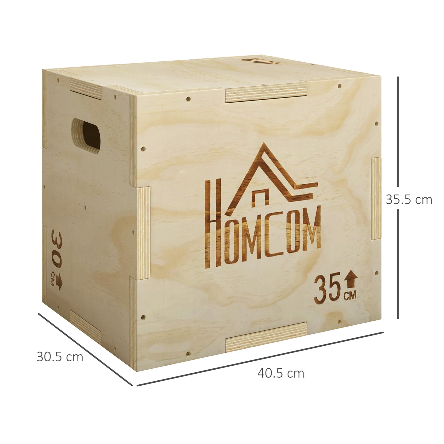 3-in-1 Wooden Plyo Box, Plyometric Jump Box with Handle Openings for Home Gym, 12" x 14" x 16", Natural