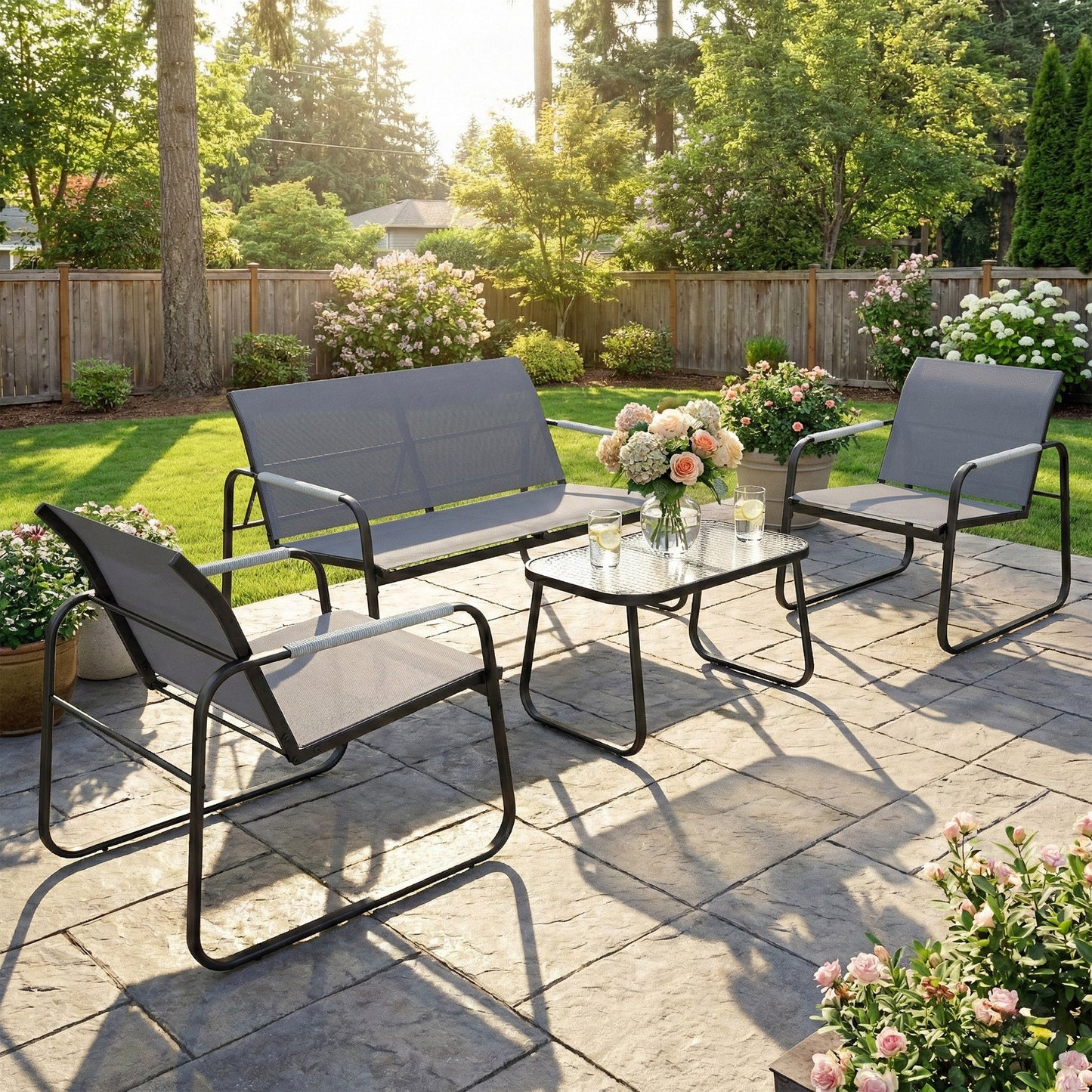 4 Piece Garden Furniture Set, Garden Sofa Set with Loveseat, 2 Armchairs, Tempered Glass Table for Balcony, Grey