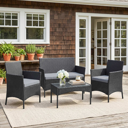 4 Piece Rattan Garden Furniture Sofa Set with Loveseat, Armchairs, Glass-Top Coffee Table and Cushions, Black