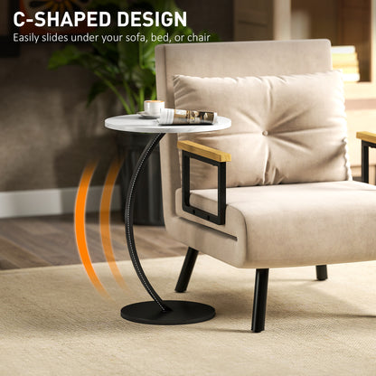 C Shaped Side Table, Round Bedside Table with Marble Effect Top