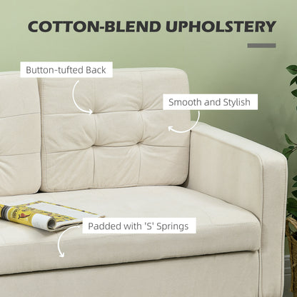 Modern Loveseat Sofa, Compact 2 Seater Sofa with Hidden Storage, 117cm Tufted Cotton Couch with Wood Legs, Cream White