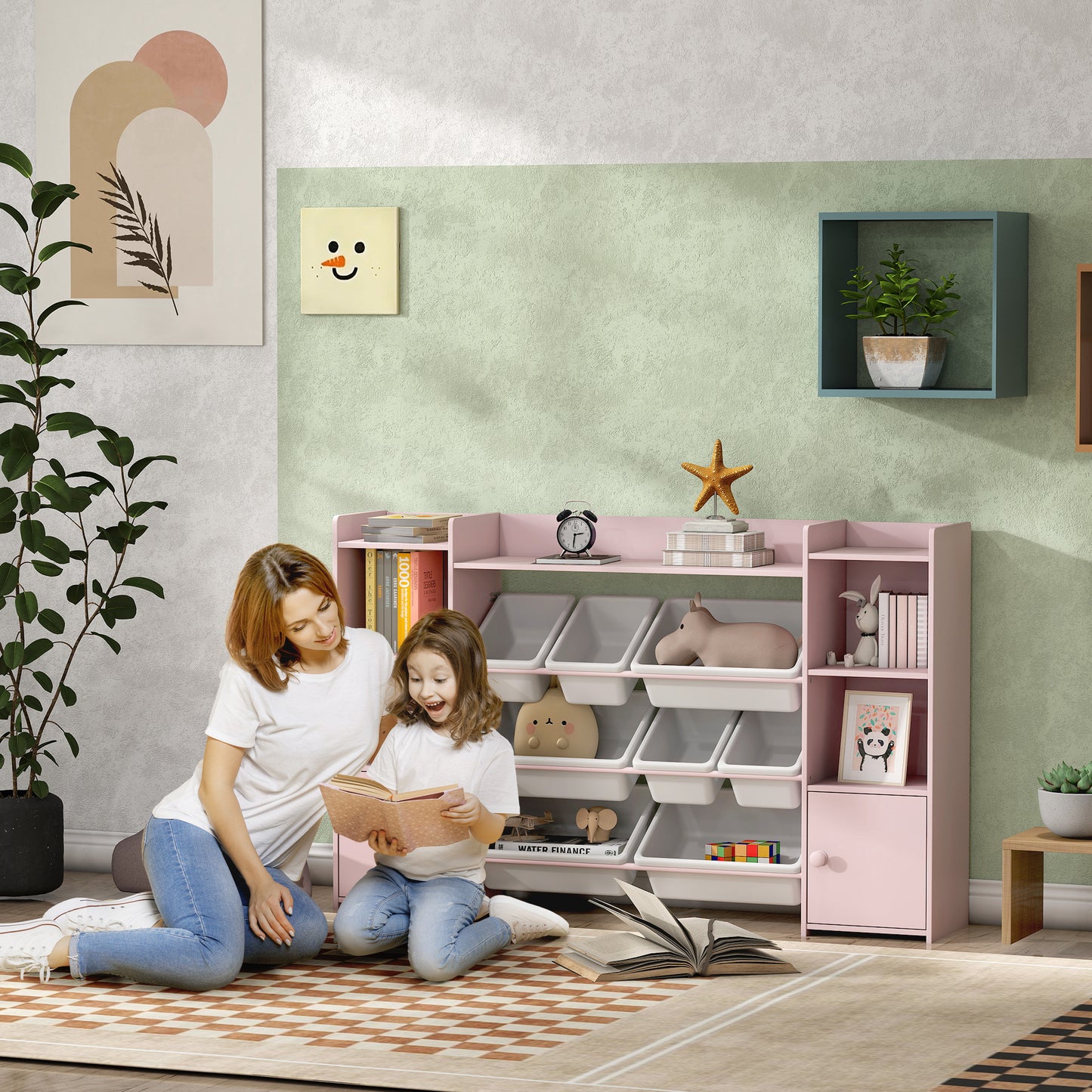 Kids Toy Organizers and Storage with 8 Removable Storage Bins and Bookshelf, Pink