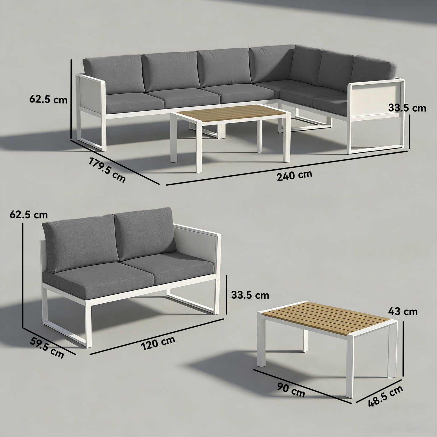 6 Seater Metal Garden Furniture Corner Sofa Set with 3 Loveseats, Faux Wood Table, Texteline Seat, Cushions, White