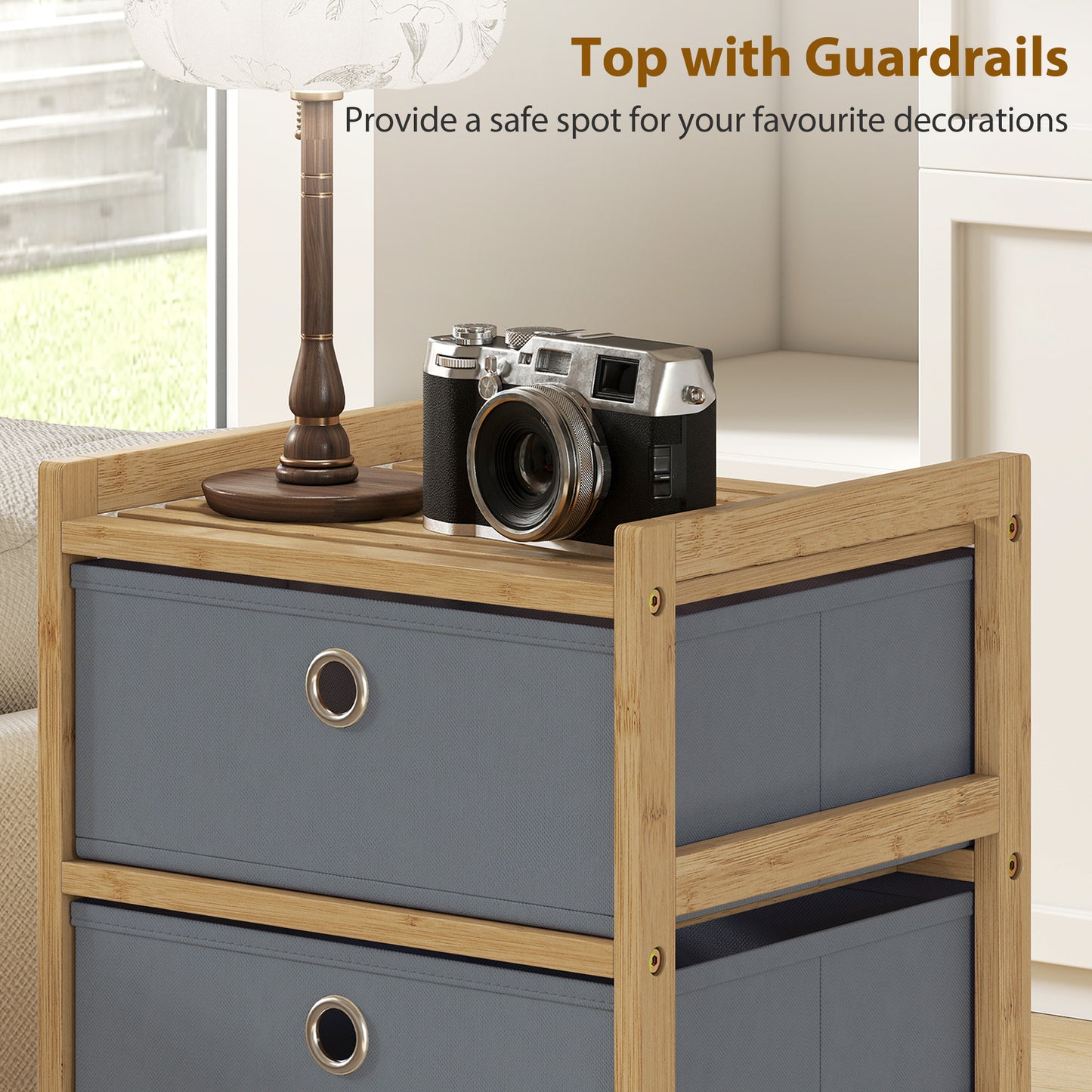 Chest of Drawers, 4 Fabric Drawers Narrow Dresser with Bamboo Frame, Light Grey