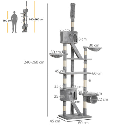 Floor to Ceiling Cat Tree for Indoor Cats, 240-260cm, Adjustable Height - Light Grey