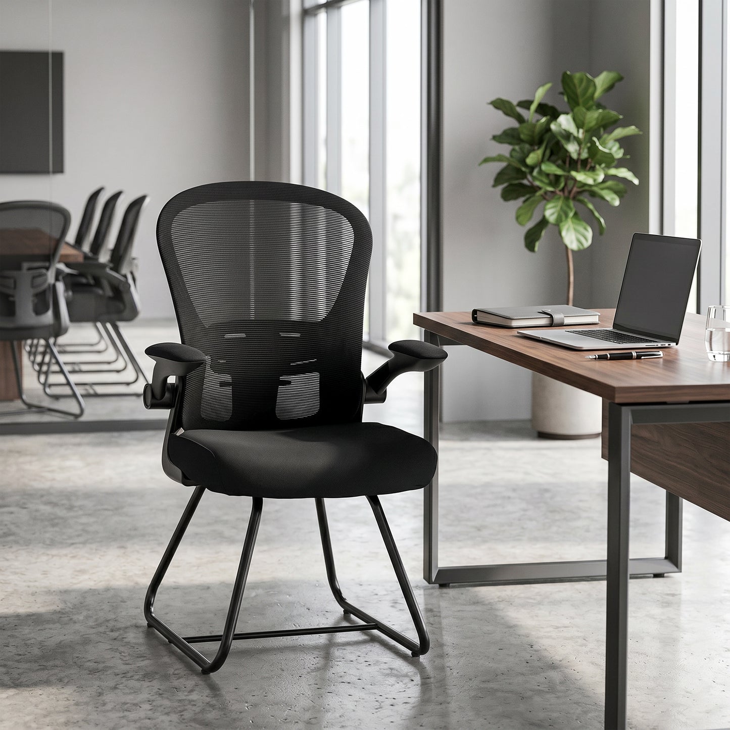 Reception Chair, Conference Meeting Office Chair with Flip-up Armrest, Mesh Backrest, Lumbar Support and Metal Base