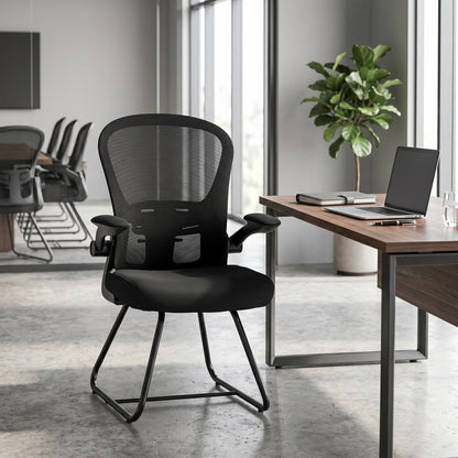 Reception Chair, Conference Meeting Office Chair with Flip-up Armrest, Mesh Backrest, Lumbar Support and Metal Base