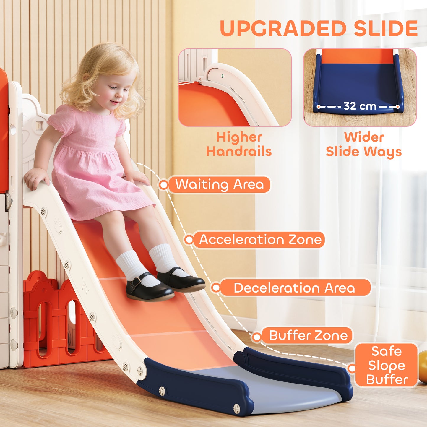7 in 1 Toddler Slide Set with Basketball Hoop, Climbing Frame, Telescope, Drawing Board, Storage Box, Orange
