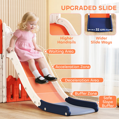 7 in 1 Toddler Slide Set with Basketball Hoop, Climbing Frame, Telescope, Drawing Board, Storage Box, Orange
