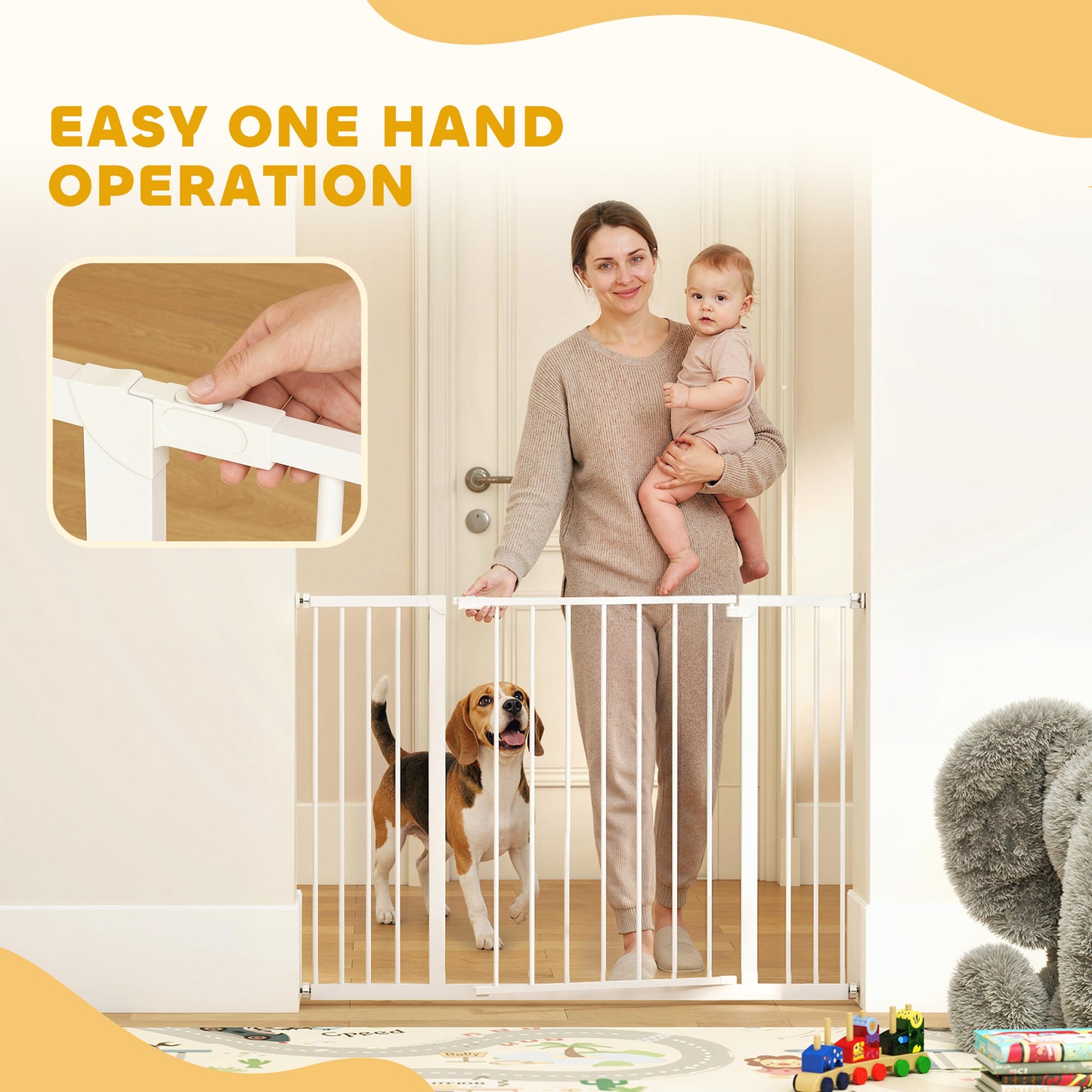 Dog Gate Pet Safety Gate Stair Barrier Pressure Mount Adjustable 76-82/86-97/101-107 cm, White