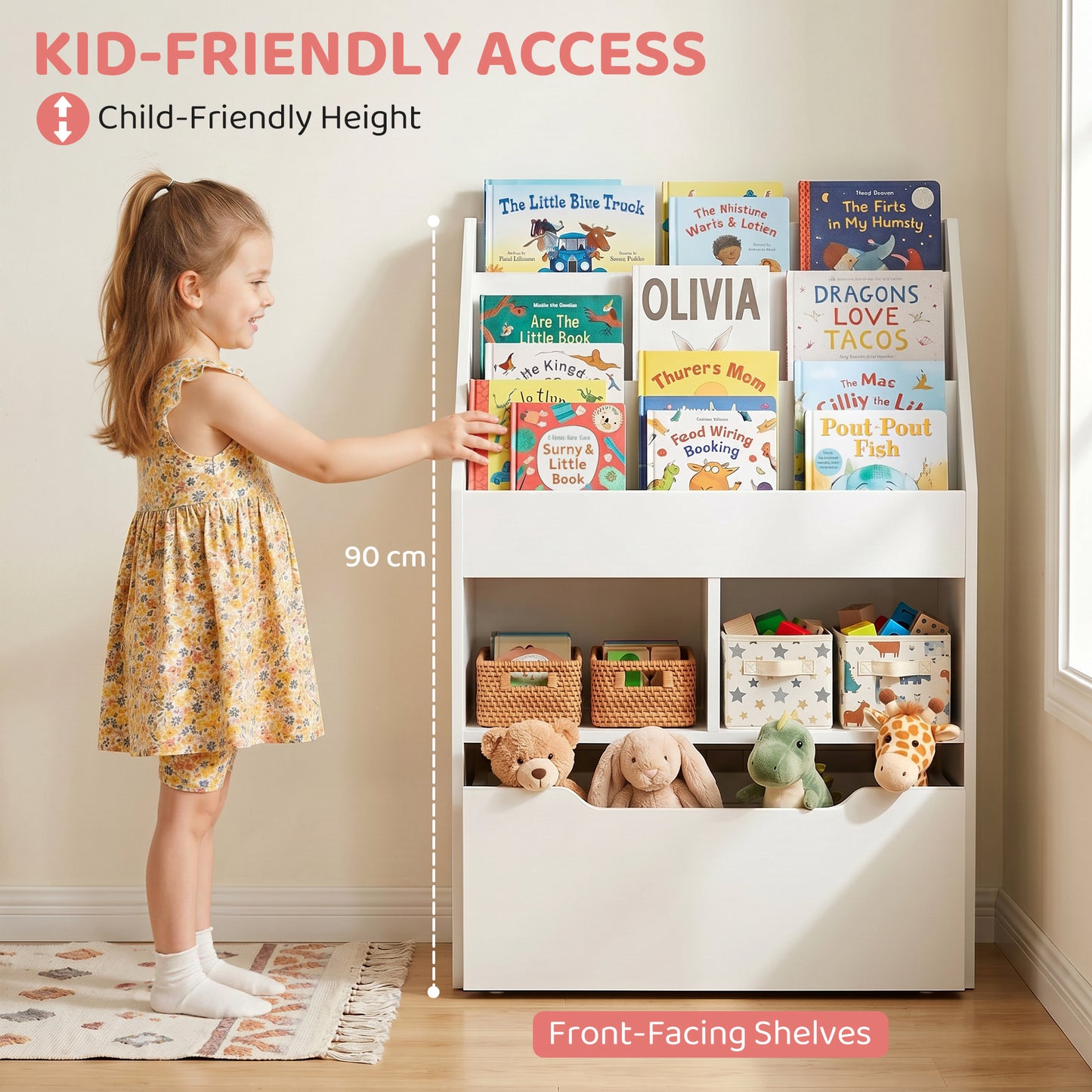 Kids Bookshelf, Toy Organiser, with Storage Drawer, Wheels - White