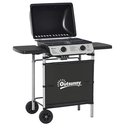 2 Burner Gas BBQ Trolley with Lid, 5.6 kW Gas Barbecue Grill with Wheels