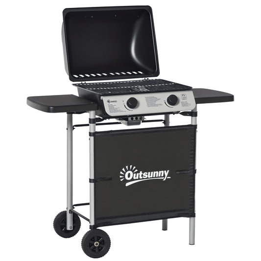 2 Burner Gas BBQ Trolley with Lid, 5.6 kW Gas Barbecue Grill with Wheels