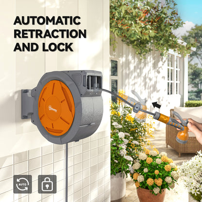 Retractable Hose Reel Wall Mounted, 30+2m Garden Hose Pipe Reel with Lock, Auto Rewind, 7 in 1 Spray Nozzle