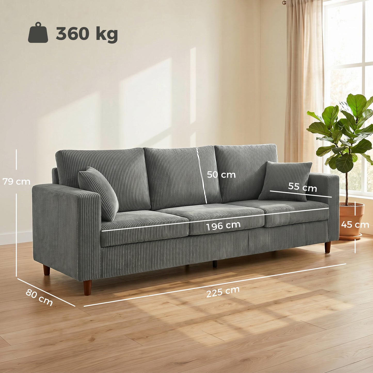 3 Seater Sofa with Wide Seat, Corduroy Fabric Couch with Deep Seat, Spring Cushion, Light Grey