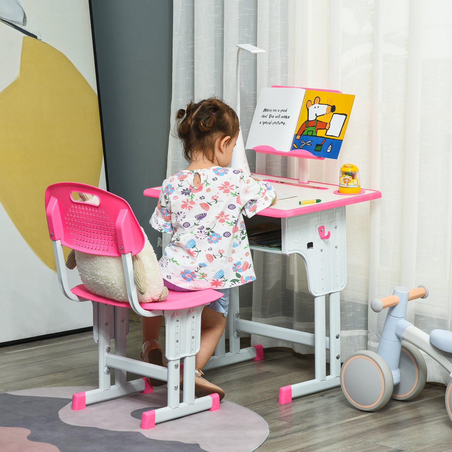 Kids Desk and Chair Set Adjustable Height Study Table Set with Drawer, Book Stand, Pen Slot - Pink